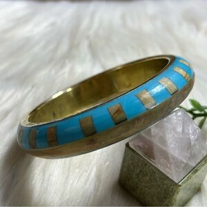 Vintage blue enlay wooden brass tone bangle bracelet